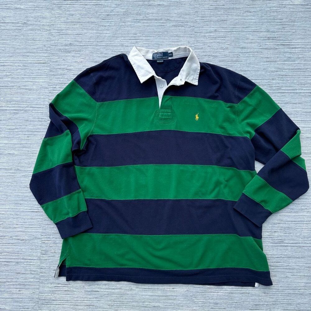Vintage Polo Ralph Lauren Iconic Rugby Shirt Green Navy Blue Stripe Men's 2XL